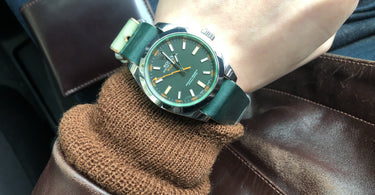 rolex milgauss on a green shell cordovan watch band