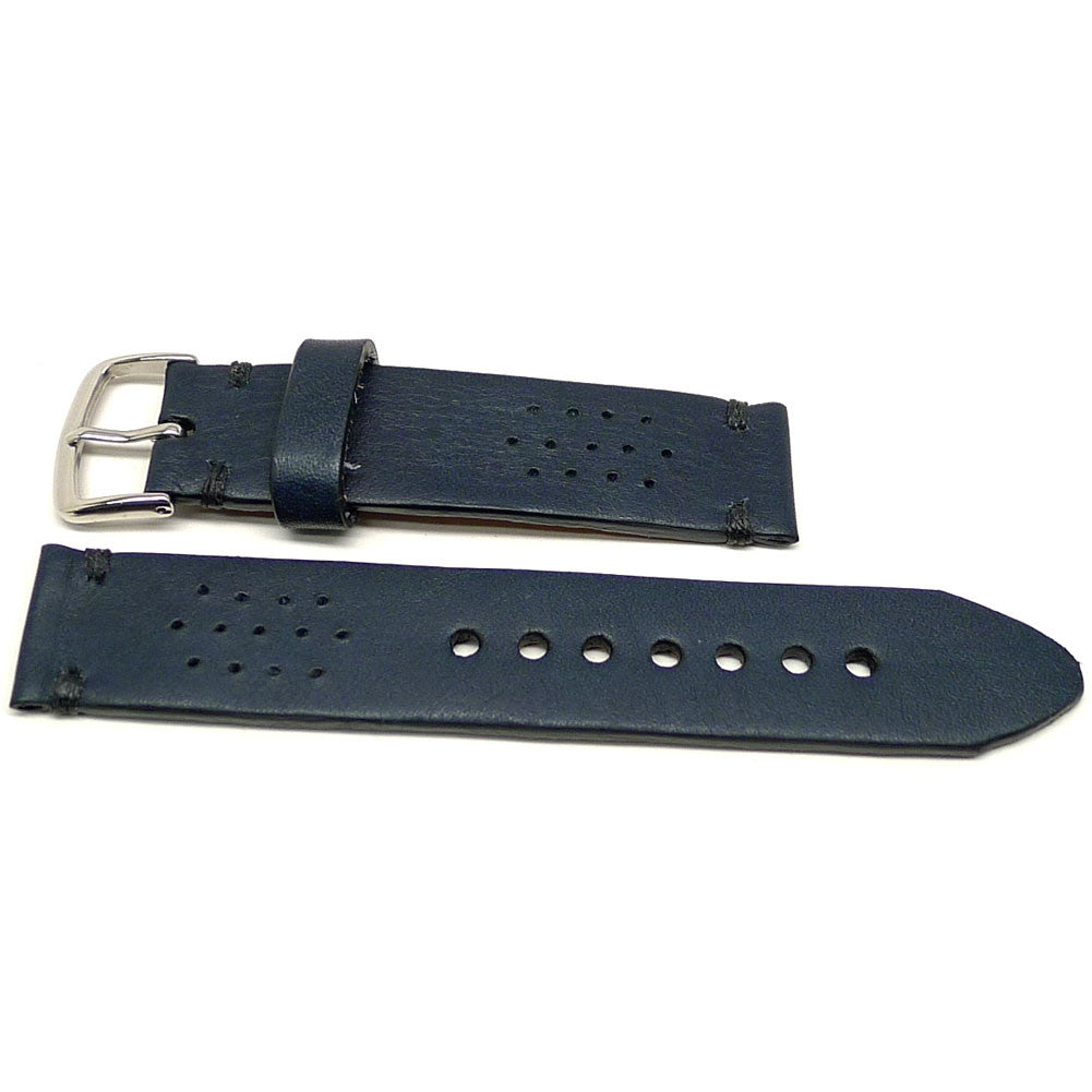 Alsice watch strap in dark blue with small perforations, two pieces laid flat.