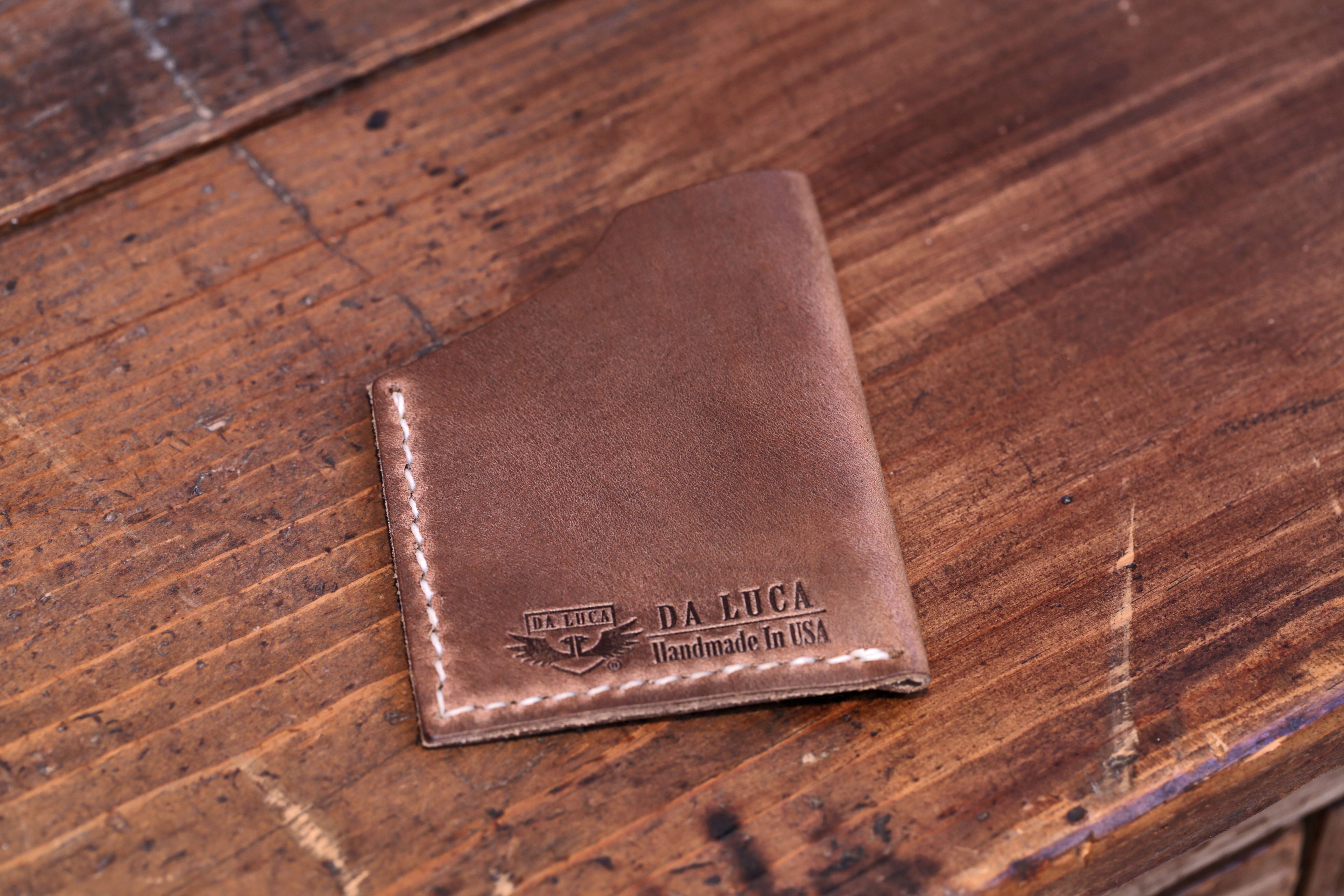 Back Side Close Up Of A Handmade Angle Wallet Made From Genuine Horween Natural Chromexcel Leather by DaLuca Straps.