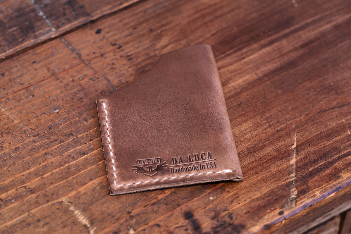 Back Side Close Up Of A Handmade Angle Wallet Made From Genuine Horween Natural Chromexcel Leather by DaLuca Straps.