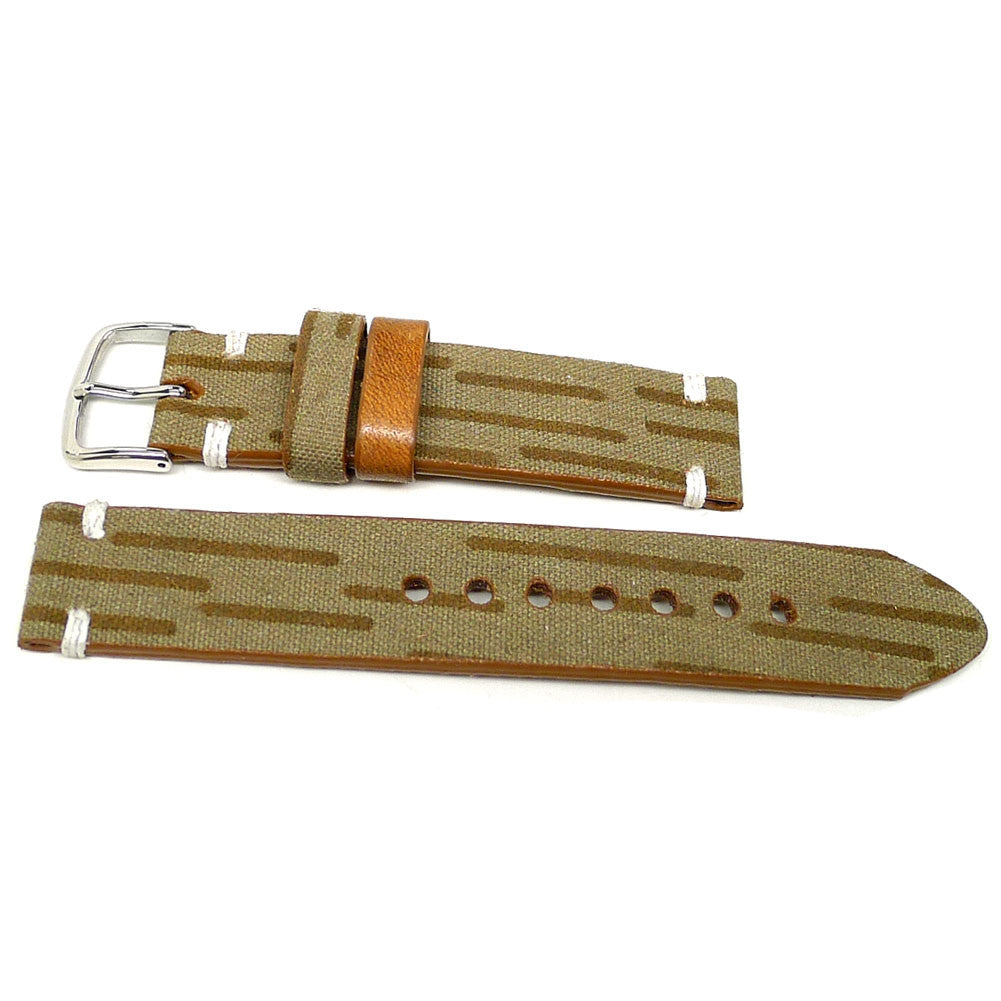 Barek watch strap in tan with brown stripes and an orange keeper, two pieces laid flat.