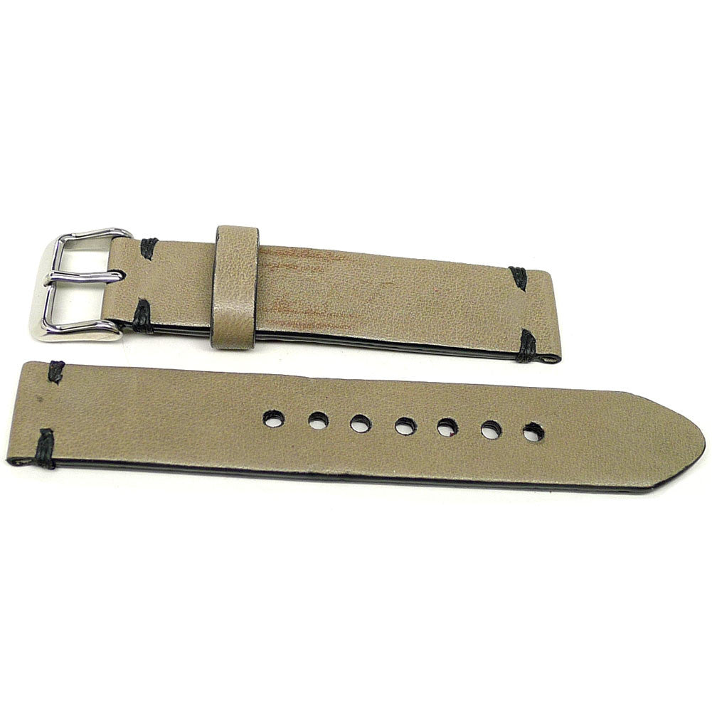 Bradshire watch strap in khaki with dark accent stitches, two pieces laid flat.