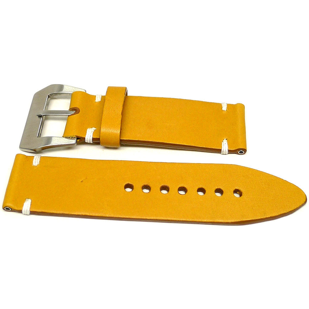 Ceres watch strap in yellow with white accent stitches, two pieces laid flat.