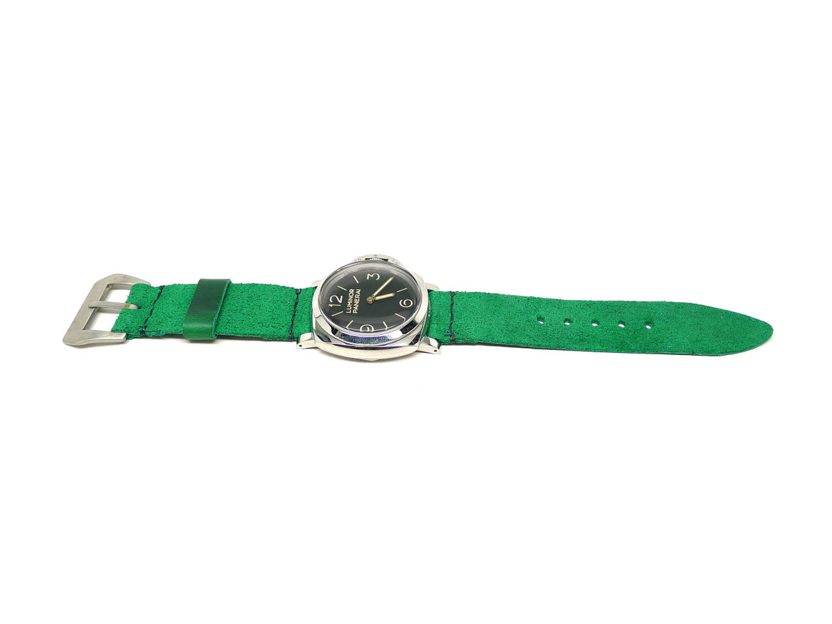 Chittar watch strap in green with a textured surface, shown fitted to a watch.
