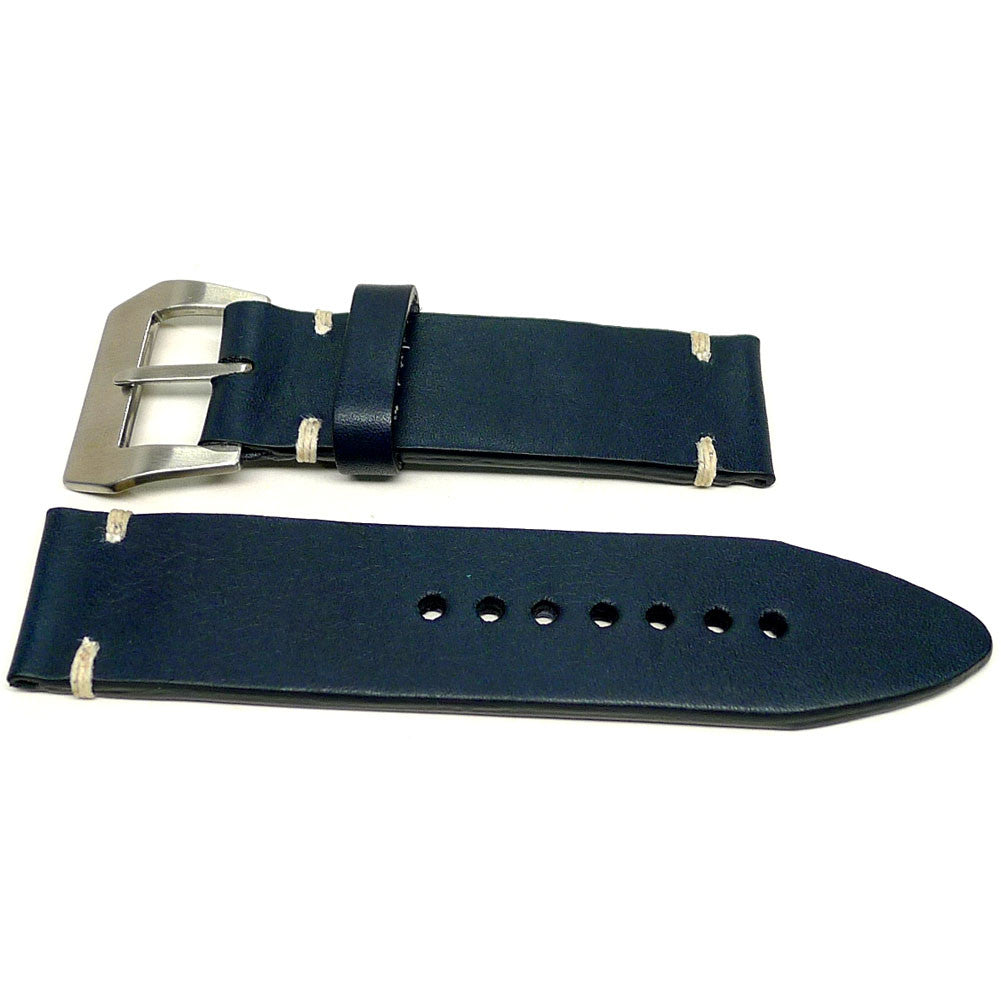 Classe watch strap in dark blue with cream accent stitches, two pieces laid flat.