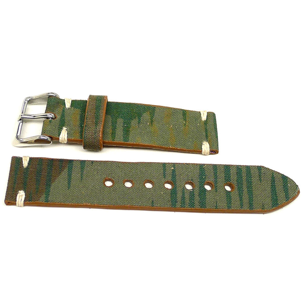 Eagar watch strap in green and brown with streaked markings and cream accent stitches, two pieces laid flat.
