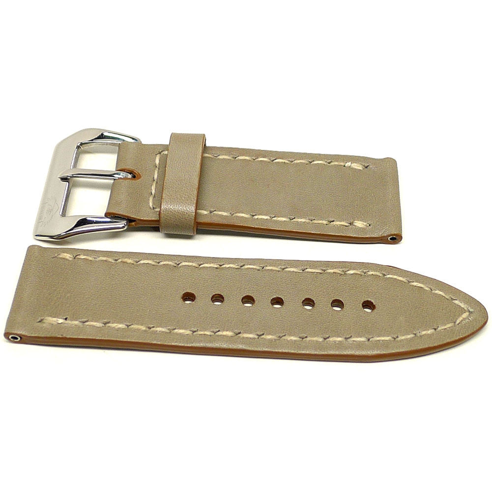 Ekstens watch strap in khaki with cream edge stitching, two pieces laid flat.