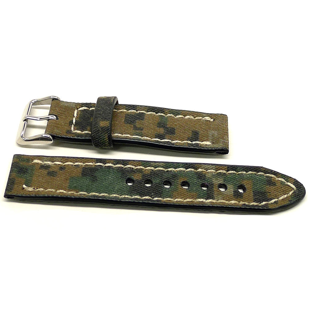 Fission watch strap in green and brown with a camouflage pattern and cream edge stitching, two pieces laid flat.