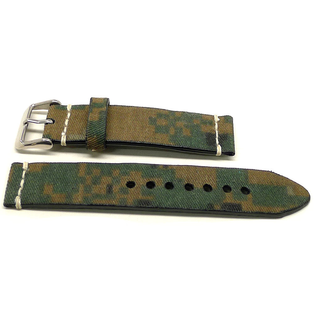 Gunnar watch strap in green and brown with a camouflage pattern and cream accent stitches, two pieces laid flat.