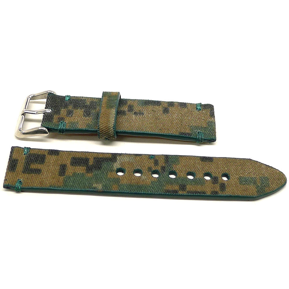 Honor watch strap in green and brown with a block camouflage pattern, two pieces laid flat.