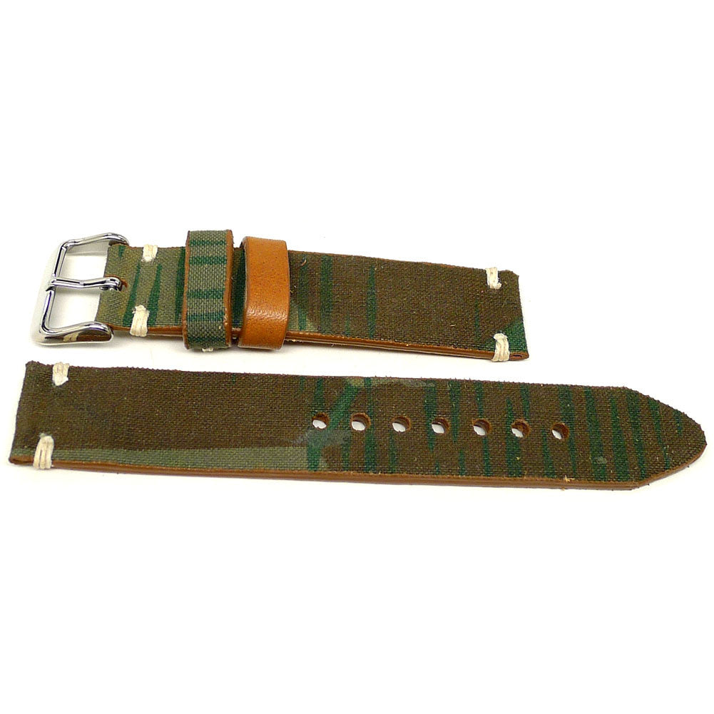 Jungal watch strap in green and brown with streaked markings and an orange keeper, two pieces laid flat.