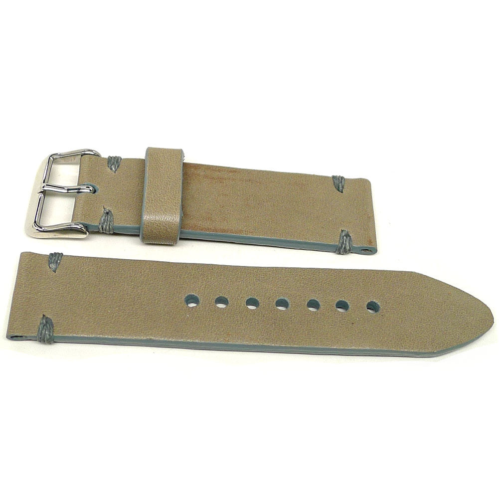 Kangchenjunga watch strap in khaki with gray accent stitches, two pieces laid flat.