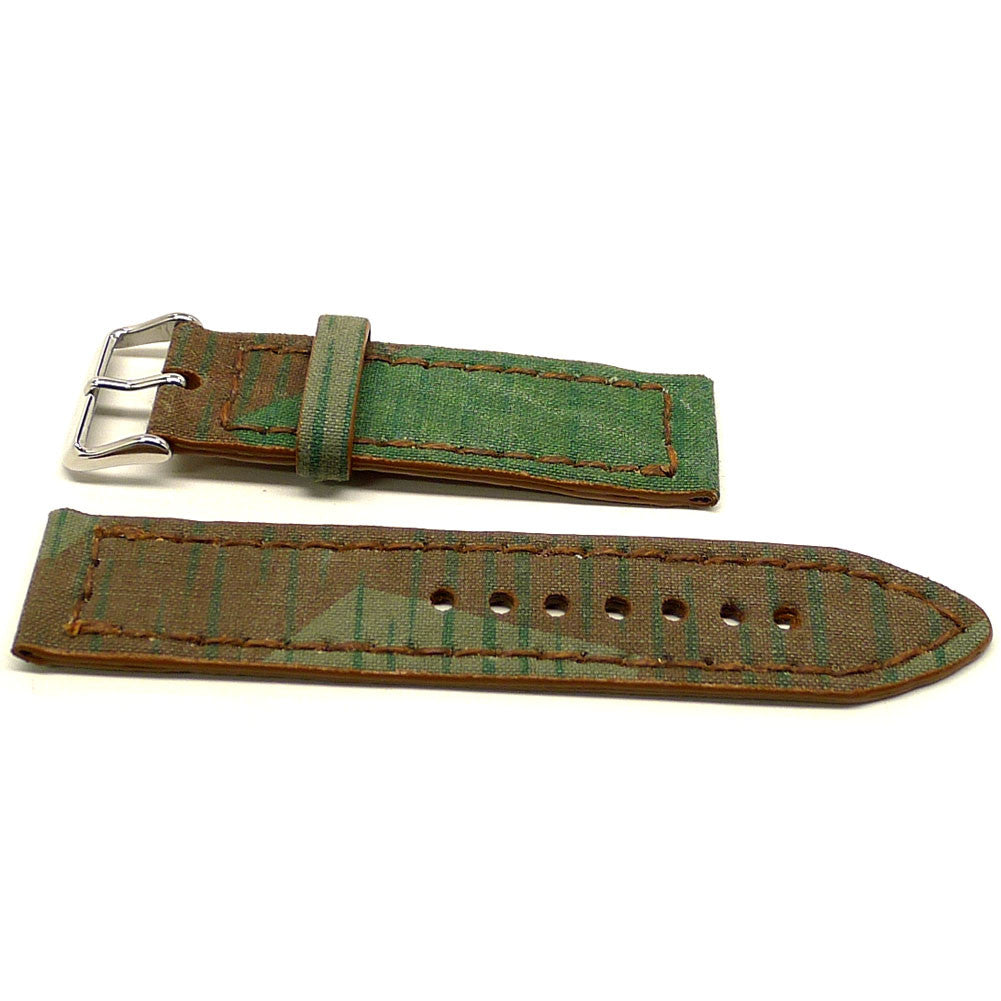 Madison watch strap in green and brown with dark edge stitching, two pieces laid flat.