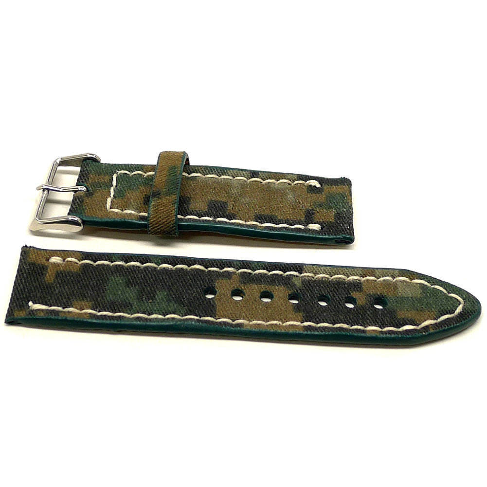 McClary watch strap in green and brown with a camouflage pattern and cream edge stitching, two pieces laid flat.
