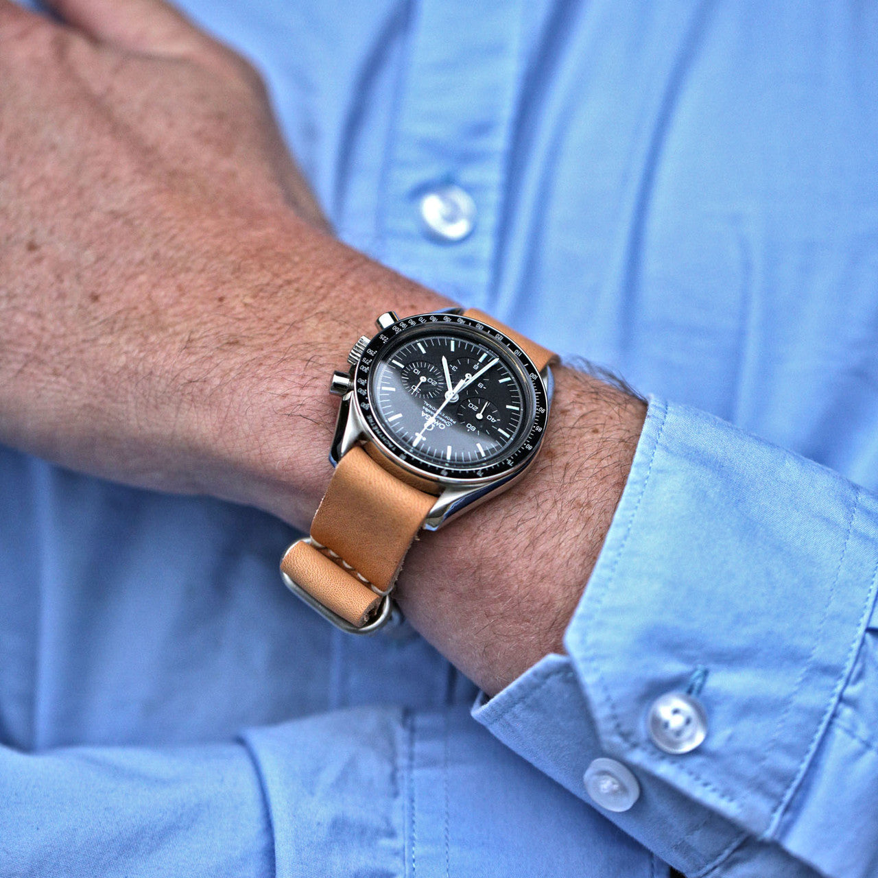 Military Single Piece Watch Strap Made From Horween Natural Essex With A Matte Silver Buckle By DaLuca Straps.