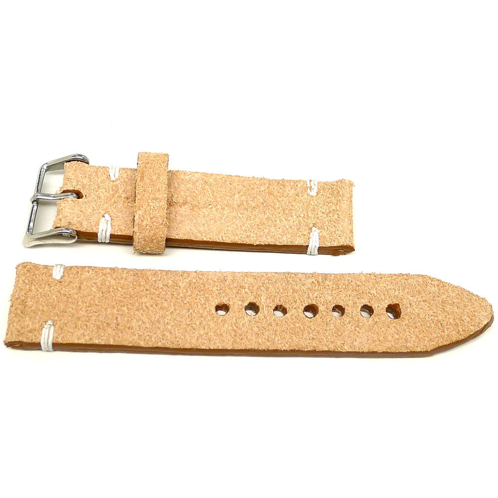 Nanda Devi watch strap in light tan with a textured surface and cream accent stitches, two pieces laid flat.