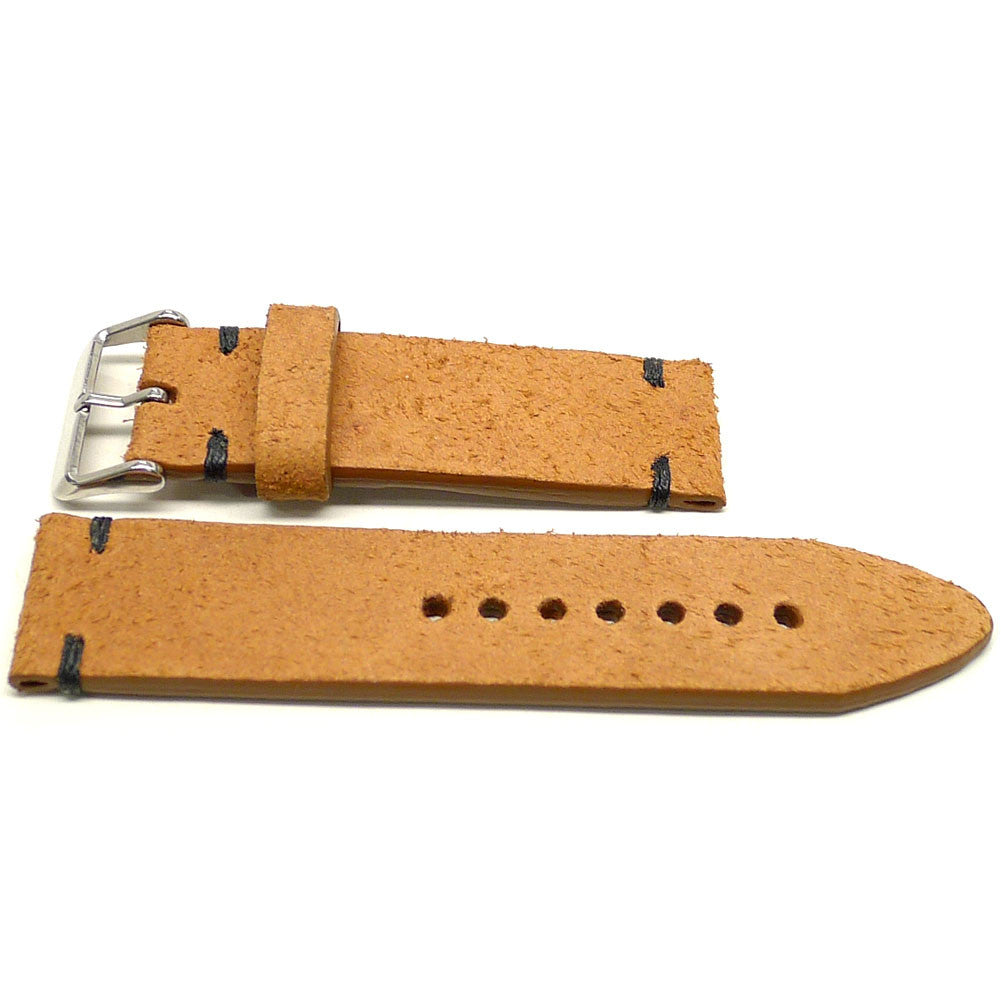 Peelah watch strap in tan with a textured surface and dark accent stitches, two pieces laid flat.