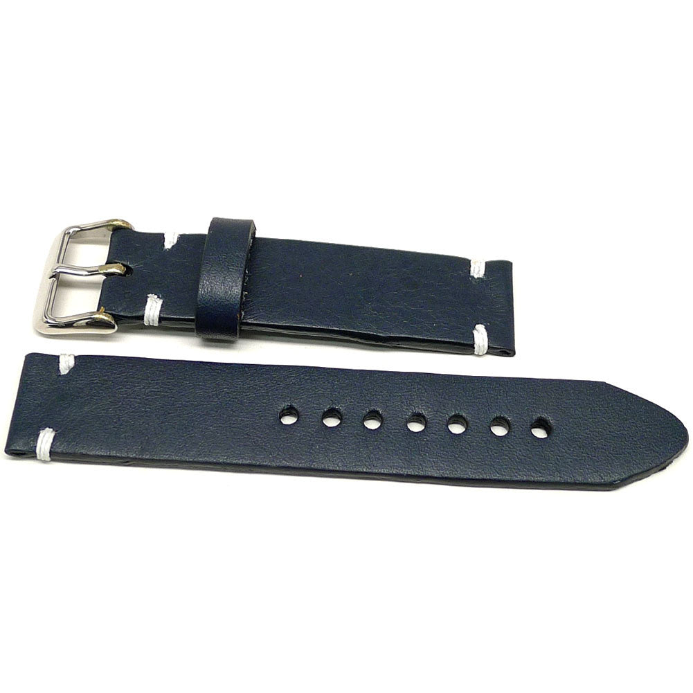 Perisice watch strap in dark blue with white accent stitches, two pieces laid flat.