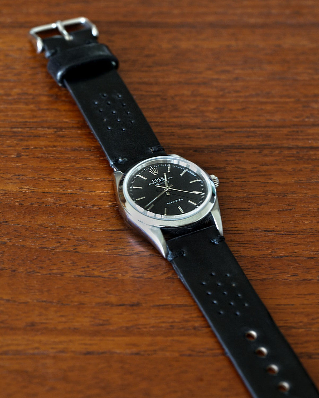 A Genuine Handmade Horween Shell Cordovan Rally Watch Band In Black By DaLuca Straps.