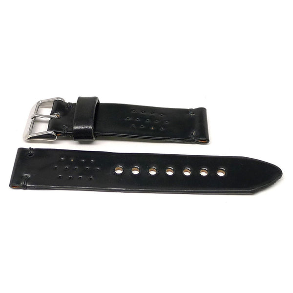A Genuine Handmade Horween Shell Cordovan Rally Watch Band In Black By DaLuca Straps.
