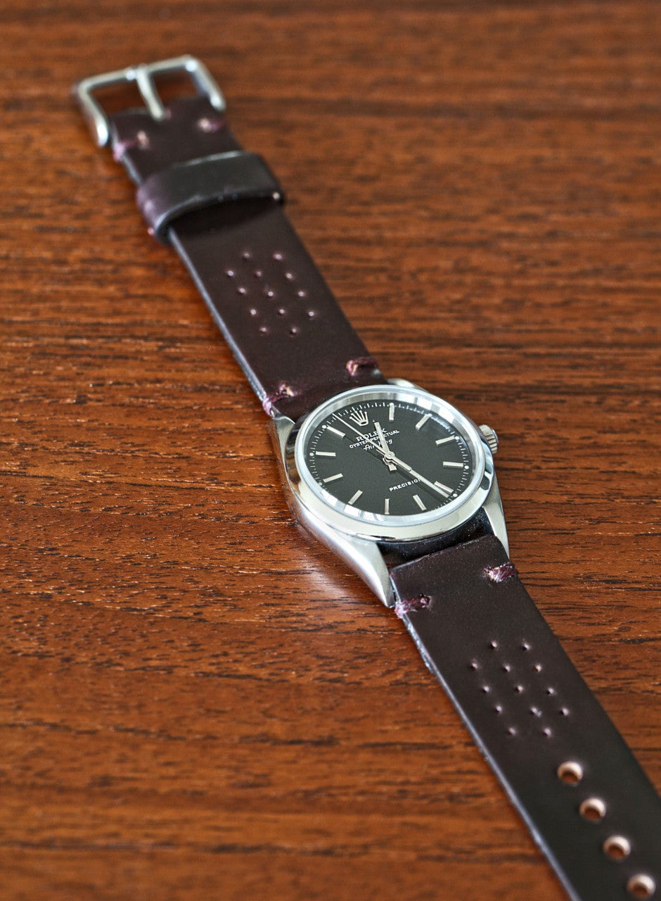A Genuine Handmade Horween Shell Cordovan Rally Watch Band In Color 8 By DaLuca Straps.