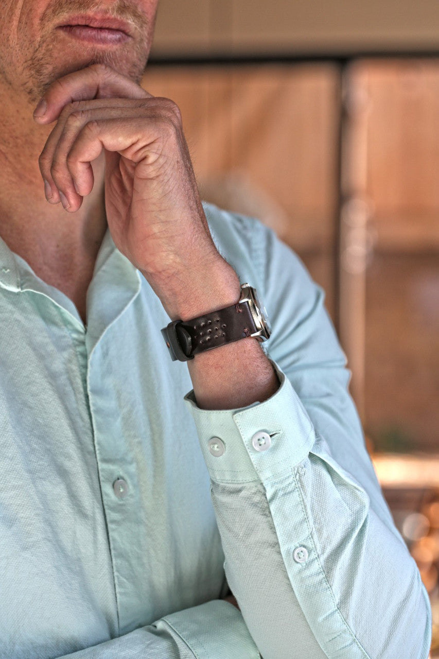 Handmade Horween Shell Cordovan Rally Watch Band In Color 8 By DaLuca Straps.