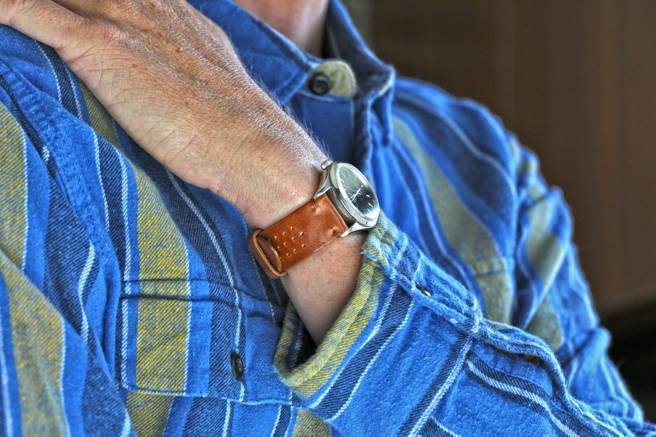 A Genuine Handmade Horween Shell Cordovan Rally Watch Band In Natural By DaLuca Straps.