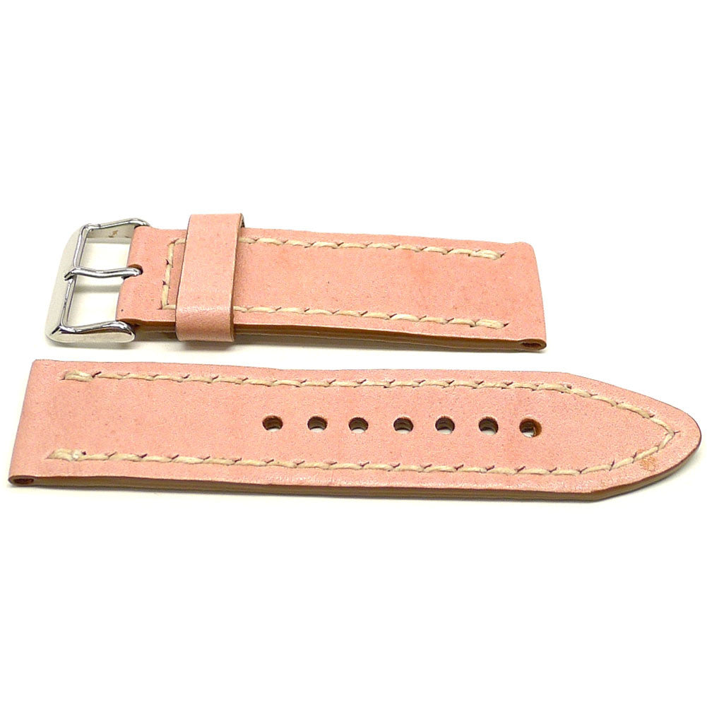 Swansea watch strap in pink with cream edge stitching, two pieces laid flat.