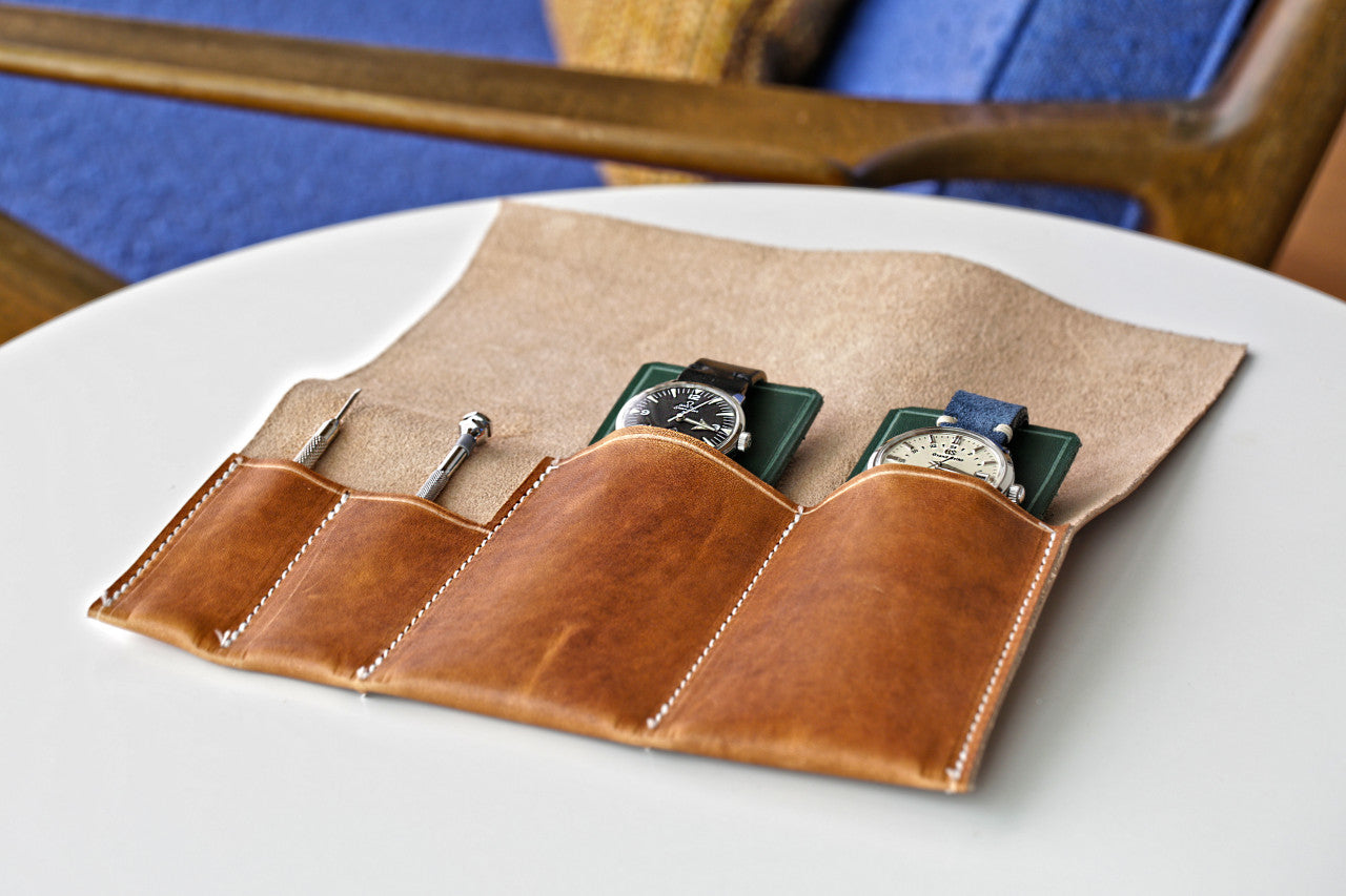 A Handmade Travel Watch Case From Genuine Horween Natural Dublin Leather By DaLuca Straps.
