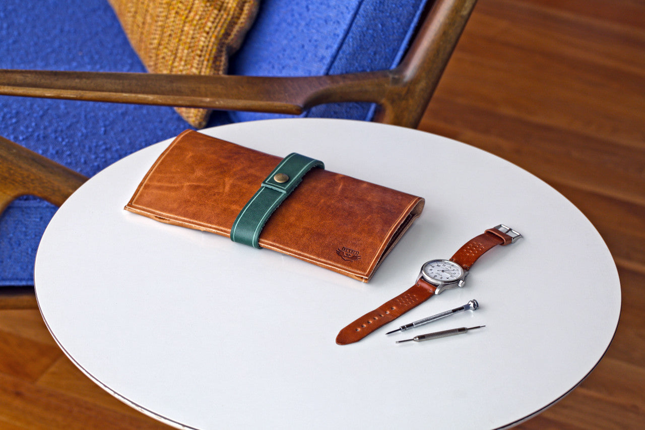 A Handmade Travel Watch Case From Genuine Horween Natural Dublin Leather By DaLuca Straps.
