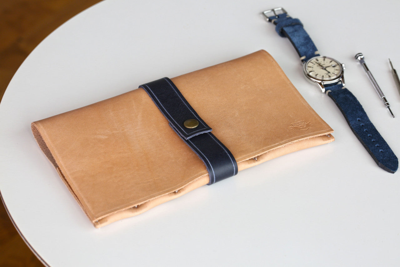 A Handmade Travel Watch Case From Genuine Horween Natural Essex Leather By DaLuca Straps.
