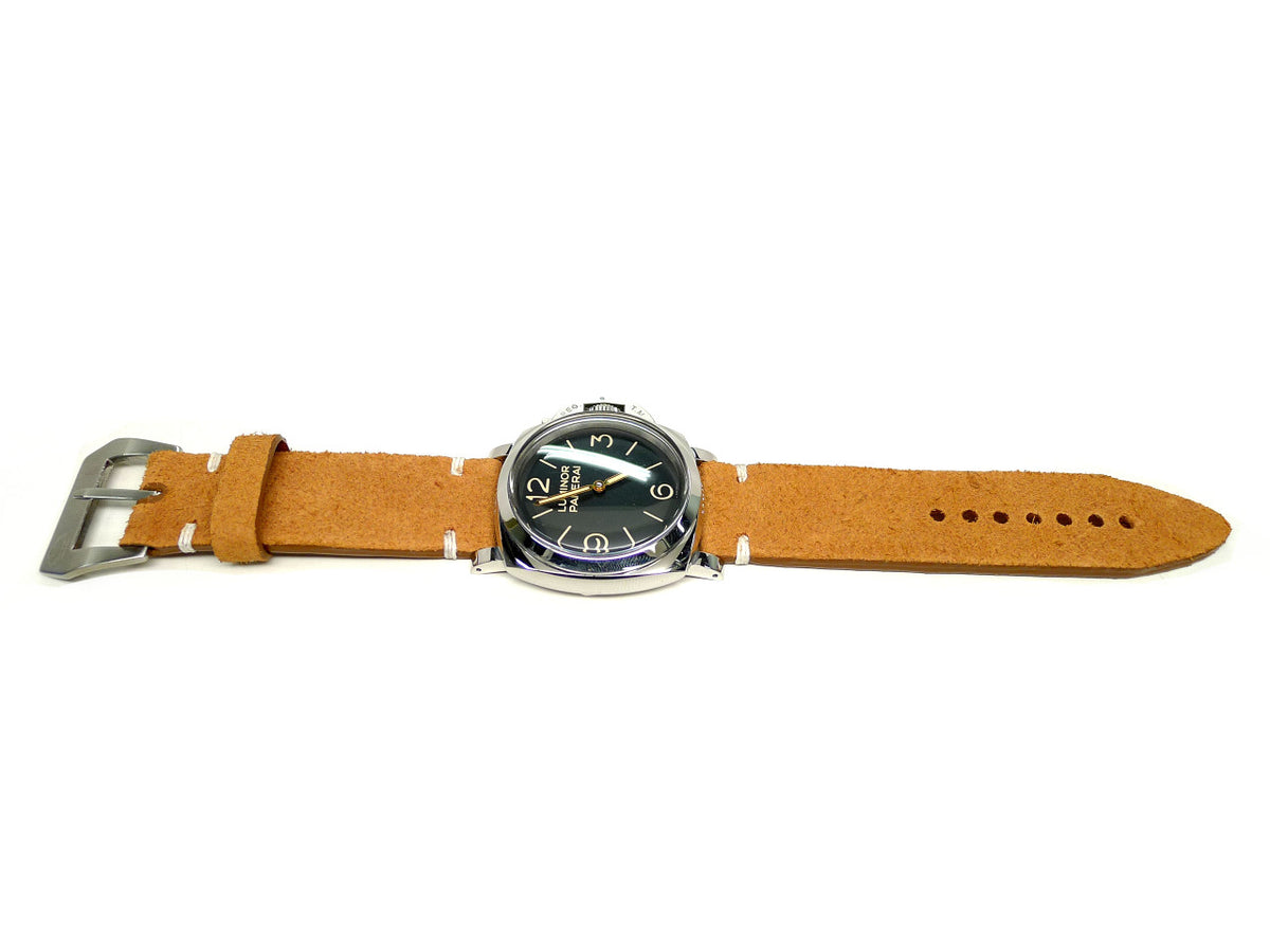 Tuscend watch strap in tan with a textured surface and cream accent stitches, shown fitted to a watch.