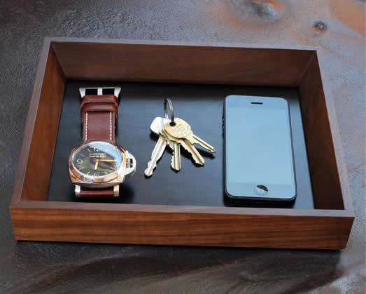 Handmade Walnut Valet Tray In Use By DaLuca Straps.