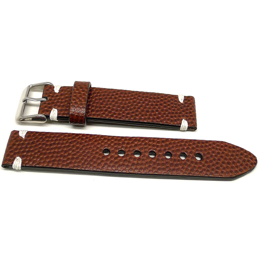 Whelsho watch strap in brown with a textured surface and white accent stitches, two pieces laid flat.