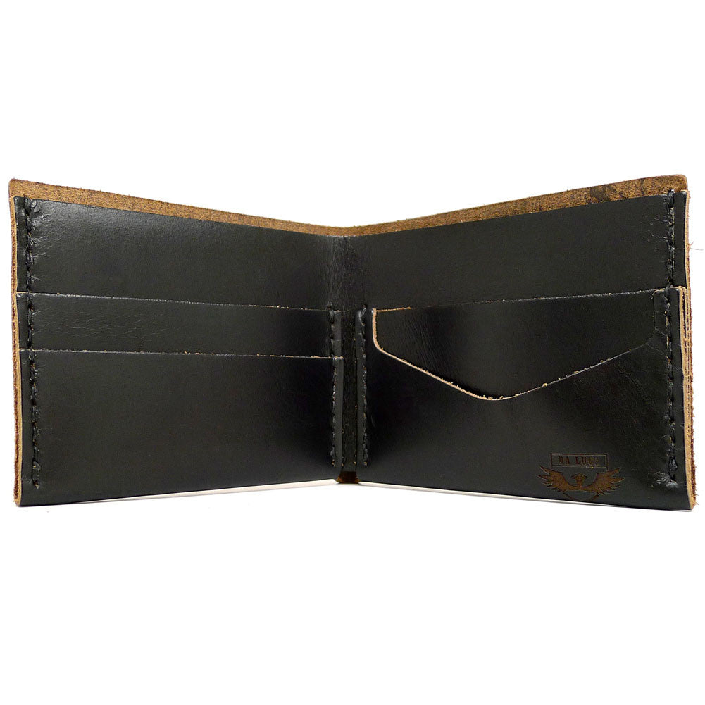 Open View Of A Handmade Bi Fold Wallet Made From Genuine Horween Black Chromexcel Leather by DaLuca Straps.