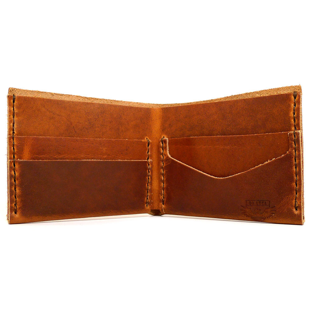 Open View Of A Handmade Bi Fold Wallet Made From Genuine Horween Natural Dublin Leather by DaLuca Straps.