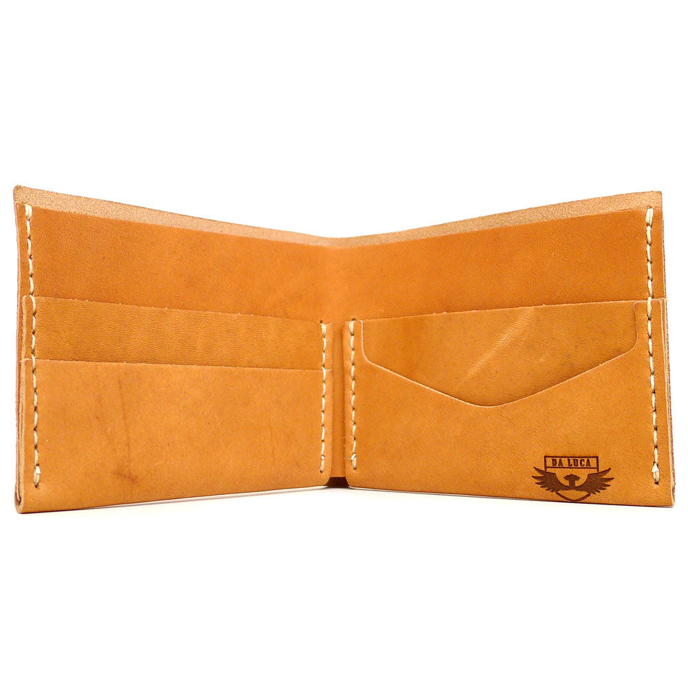Open View Of A Handmade Bi Fold Wallet Made From Genuine Horween Natural Essex Leather by DaLuca Straps.