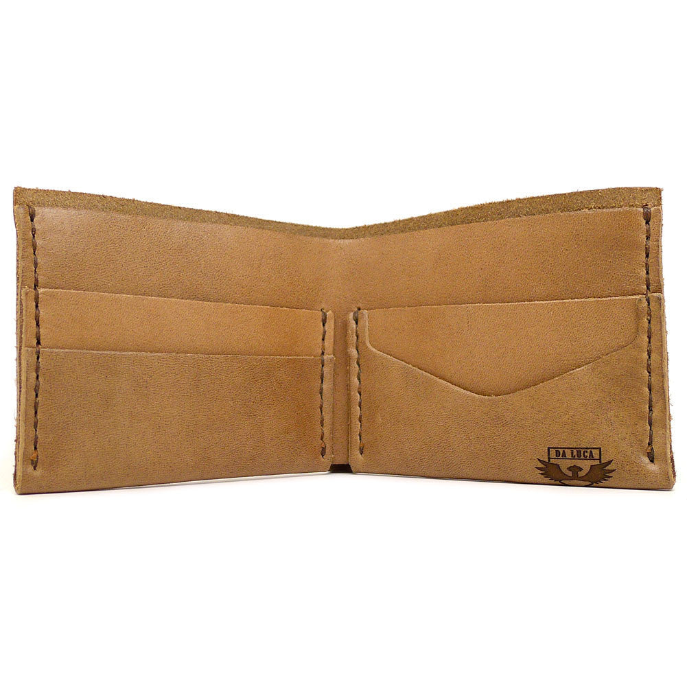 Open View Of A Handmade Bi Fold Wallet Made From Genuine Horween Natural Chromexcel Leather by DaLuca Straps.