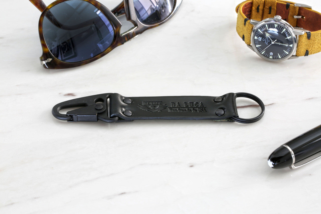 Keychain Made From Genuine Horween Black Shell Cordovan Leather and Black PVD Hardware by DaLuca Straps.