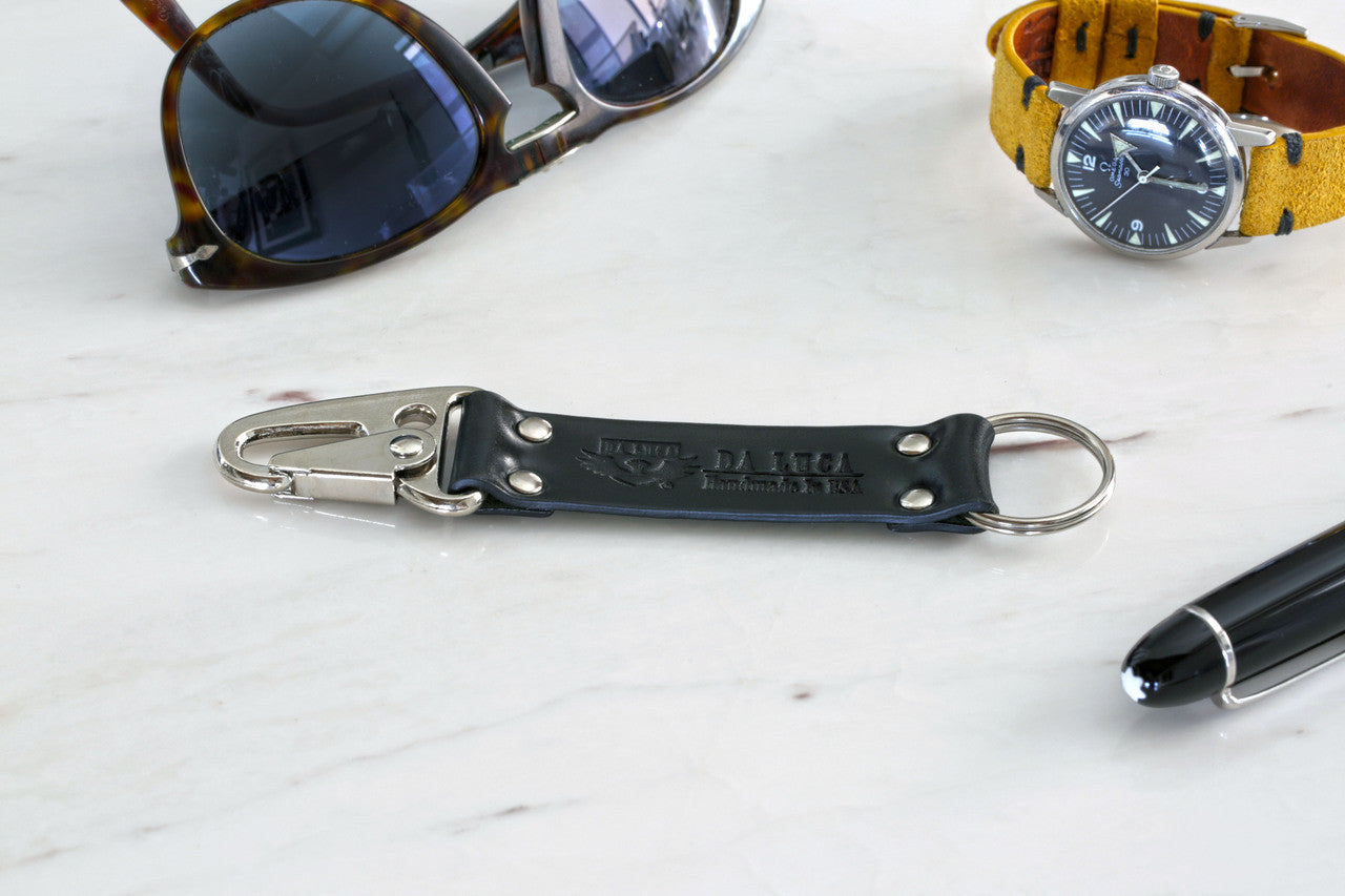 Keychain Made From Genuine Horween Black Shell Cordovan Leather and Black Polished Hardware by DaLuca Straps.