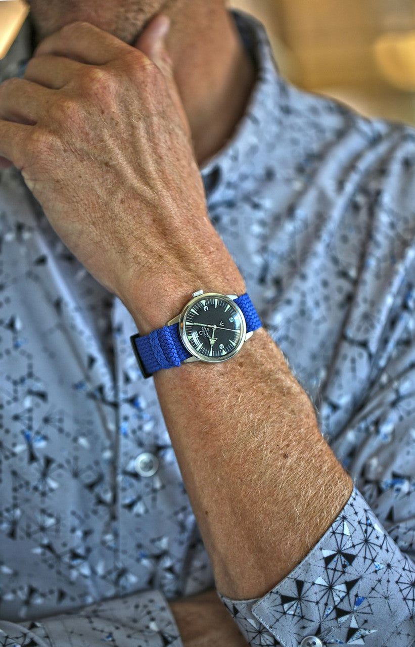 Braided Nylon Perlon Watch Strap Blue Blue PVD Buckle Long By DaLuca Straps.