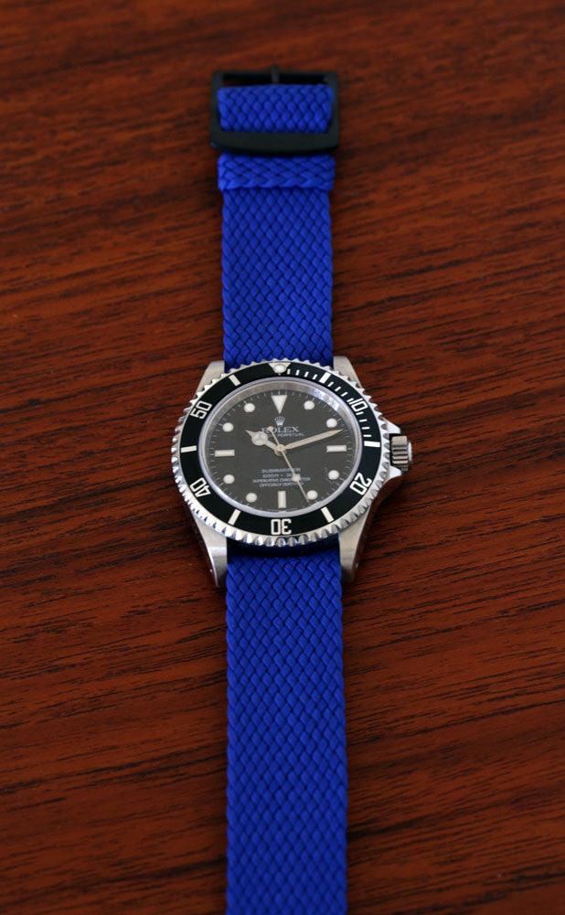 Braided Nylon Perlon Watch Strap Blue Blue PVD Buckle Long By DaLuca Straps.