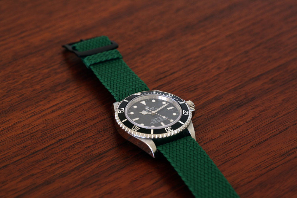Braided Nylon Perlon Watch Strap Green PVD Buckle By DaLuca Straps.