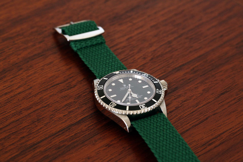 Braided Nylon Perlon Watch Strap Green Polished Buckle Main By DaLuca Straps.