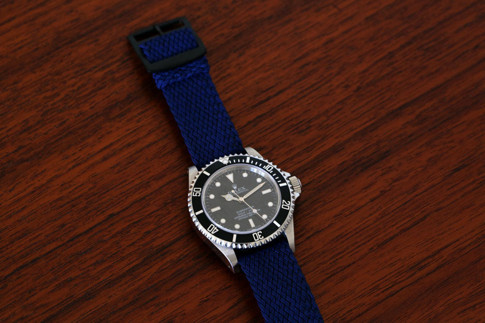 Braided Nylon Perlon Watch Strap Navy PVD Buckle Wood Angle By DaLuca Straps.