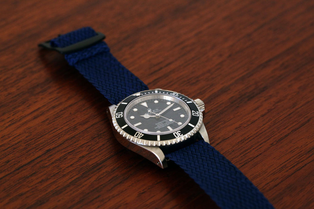 Braided Nylon Perlon Watch Strap Navy PVD Buckle Wood Angle By DaLuca Straps.