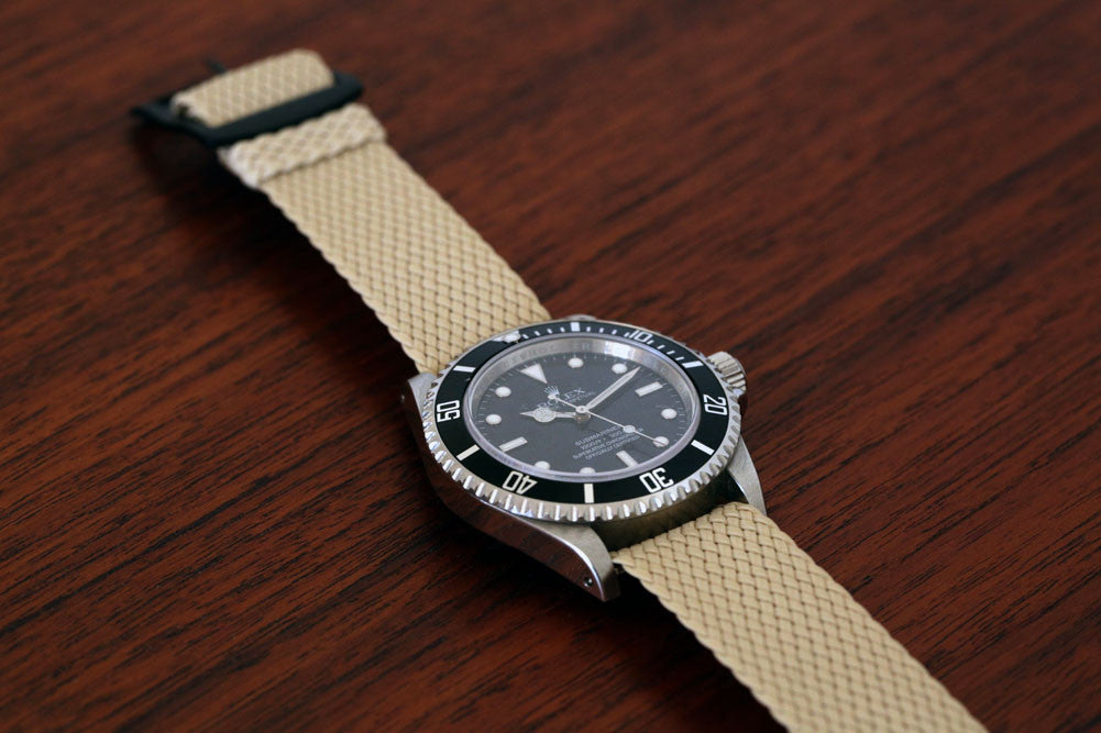 Braided Nylon Perlon Watch Strap Sand PVD Buckle Wood Angle By DaLuca Straps.