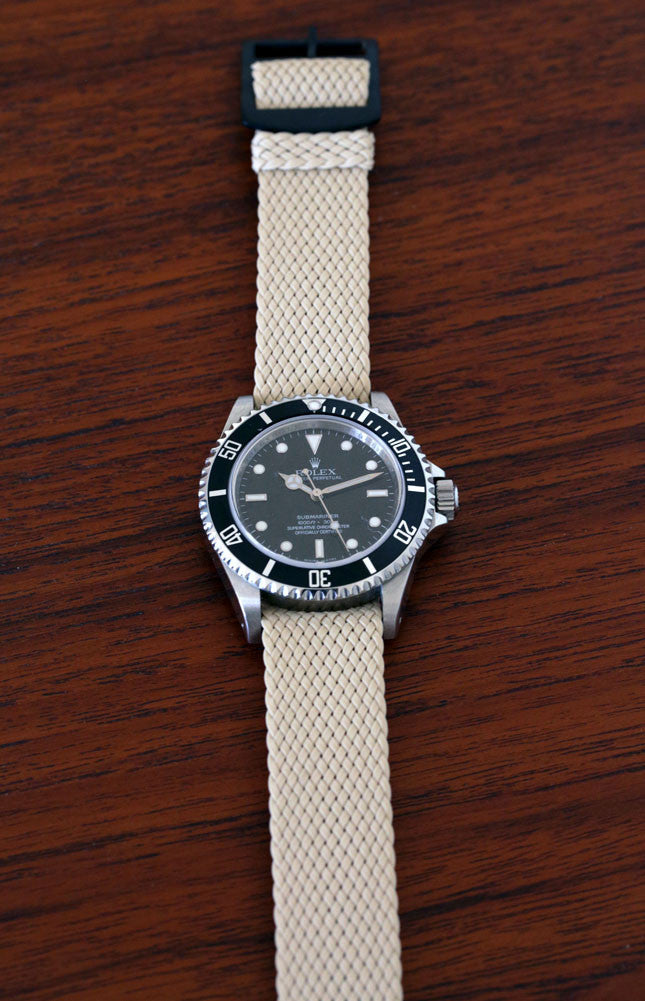 Braided Nylon Perlon Watch Strap Sand PVD Buckle Wood Long By DaLuca Straps.
