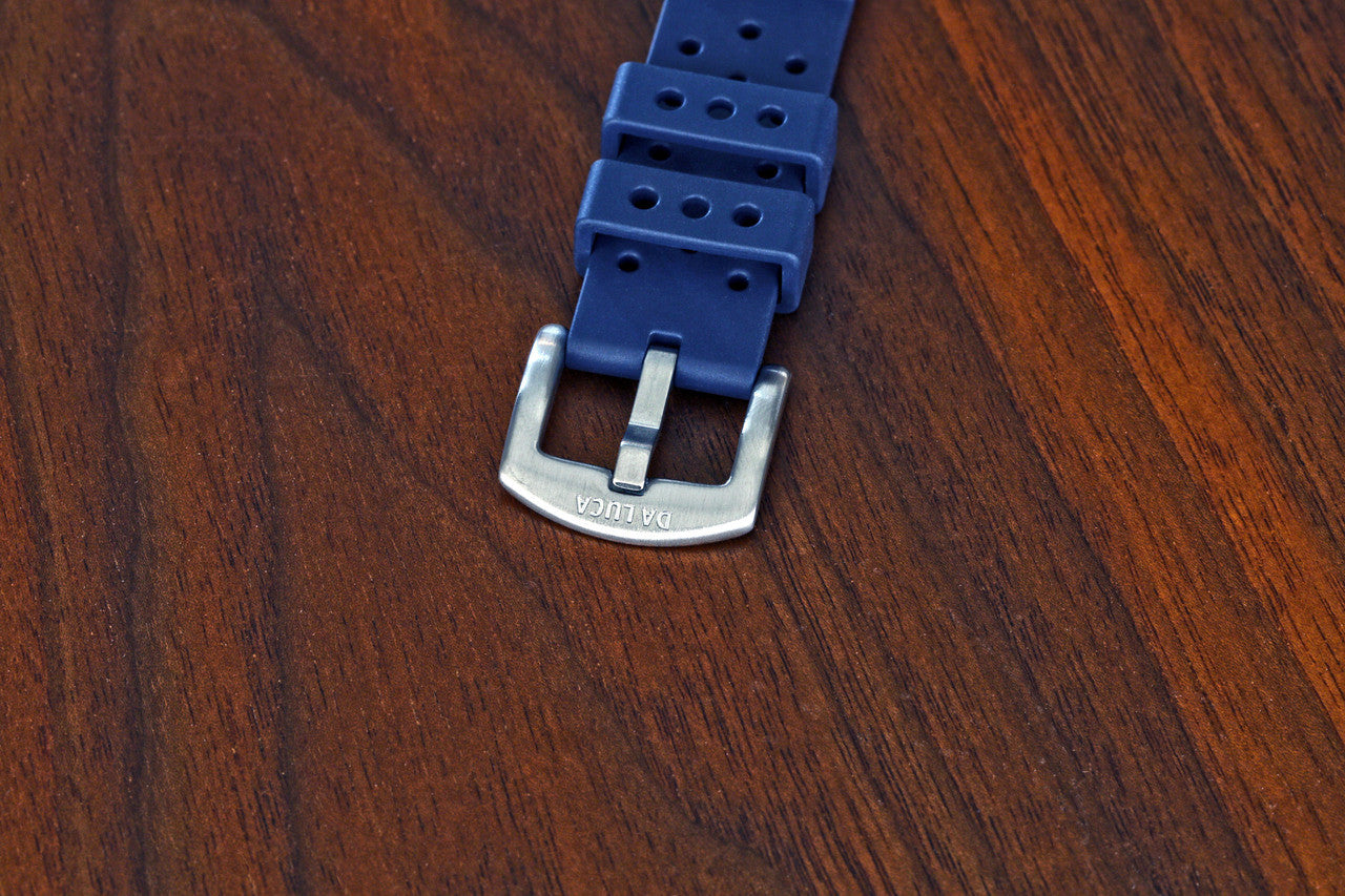 Buckle Of A Cousteau Rubber FKM Watch Strap In Blue By DaLuca Straps.