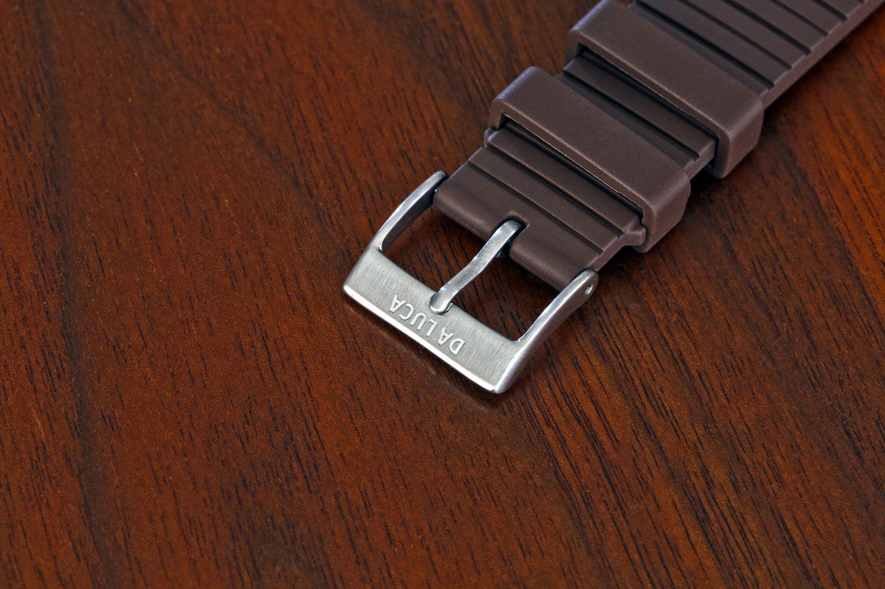 The Buckle Of Our Racer Rubber FKM Watch Strap In Brown by DaLuca Straps.